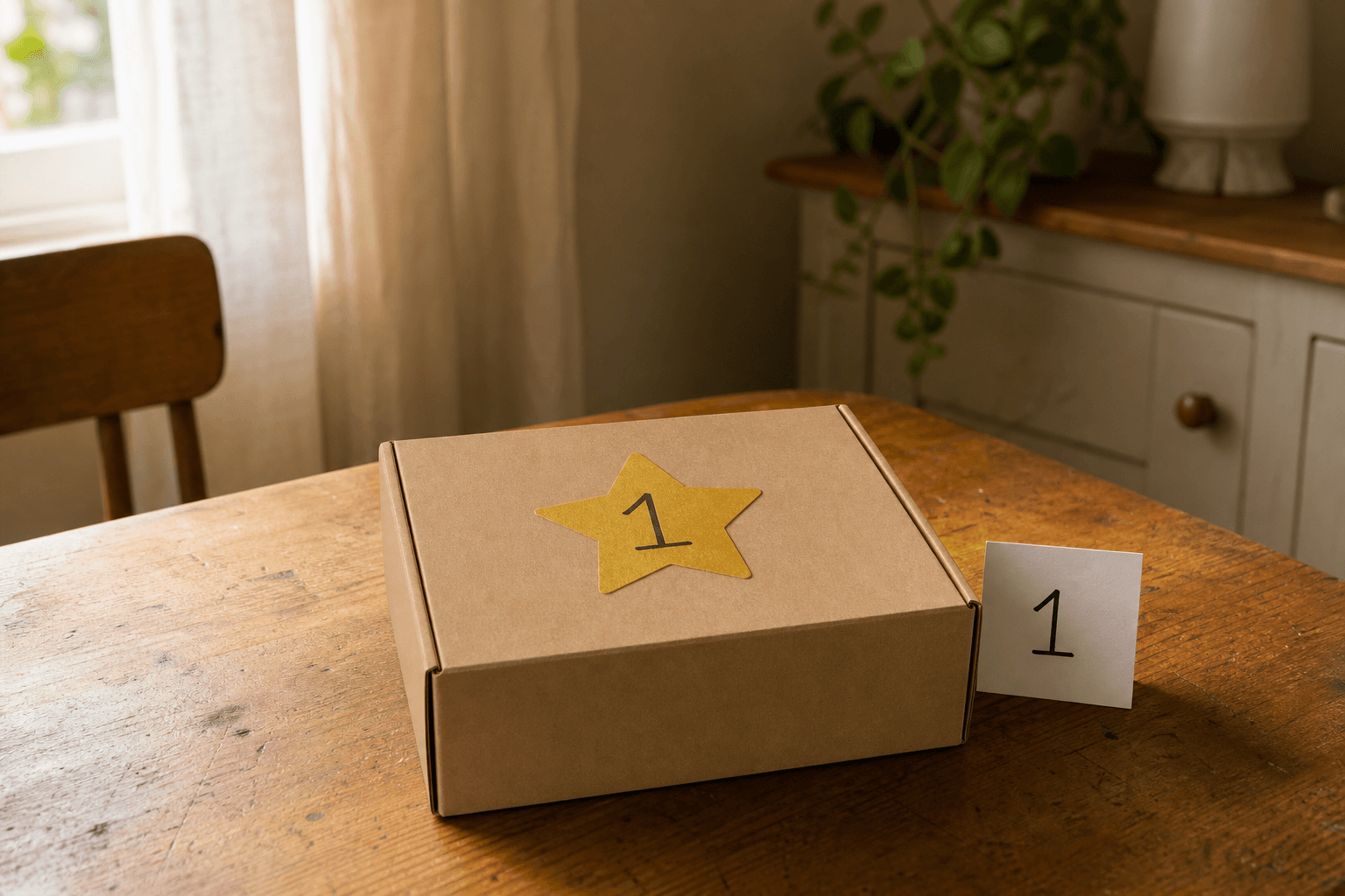 Product box with a number one pick star on a wooden table