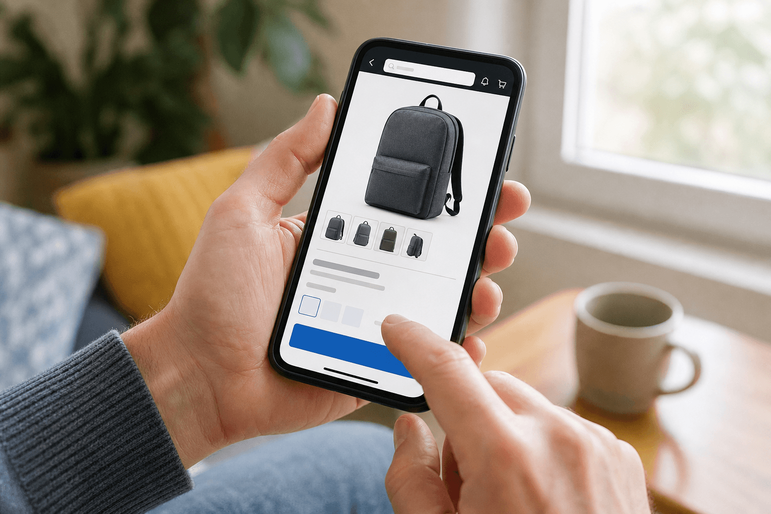 Hands holding a phone open to an online store product page