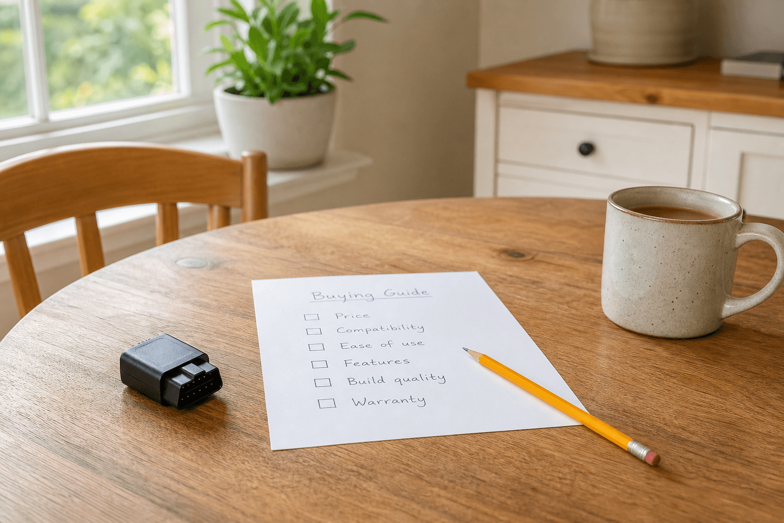 Buying checklist on a kitchen table next to everyday products