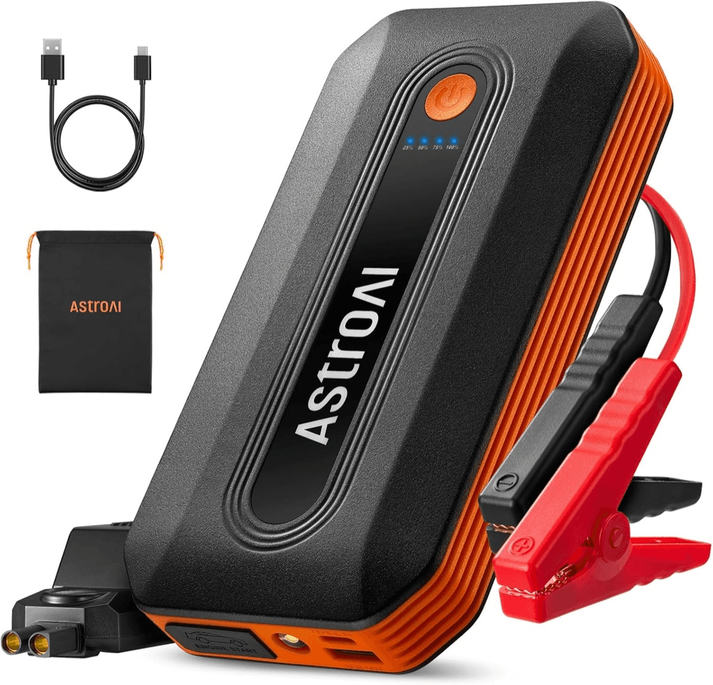 AstroAI B8 orange jump starter with clamp leads