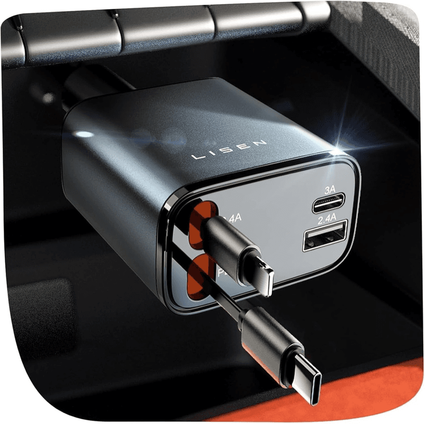 LISEN 84W retractable car charger with built-in cables